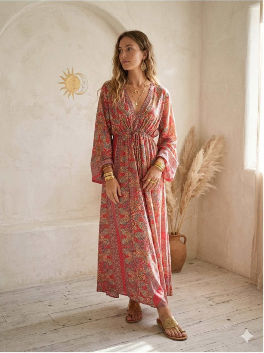 Step In Style Maxi Dress XL Pink Paisley Boho Kimono Sleeve Deep V-Neck Drawstri